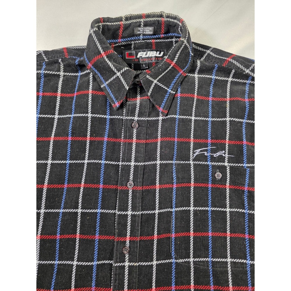FUBU Corduroy Button Up Shirt Men Large Black Plaid Long Sleeve Vintage 90s